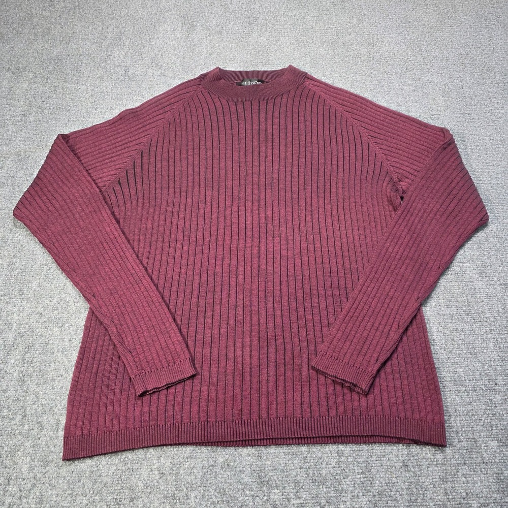 Anthology Mens Ribbed Knit Silk Wool‎ Blend Crew Neck Sweater Burgundy XL